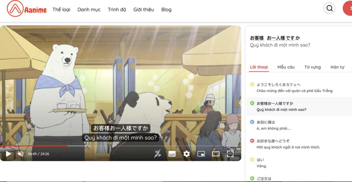 anime vietsub, tiệm c&agrave; ph&ecirc; gấu trắng, học tiếng nhật qua phụ đề Việt Nhật, học tiếng nhật bằng phụ đề song ngữ, luyện kaiwa qua phim, luyện nghe qua phim, học tiếng Nhật qua phim, phương ph&aacute;p học tiếng Nhật, app học tiếng nhật tốt nhất, hướng dẫn học tiếng Nhật qua phim